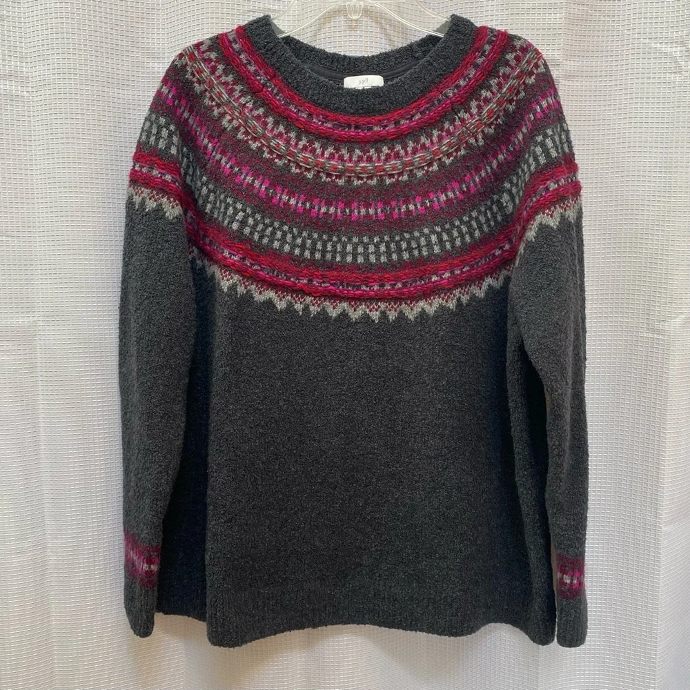 J. Jill Dark Gray Crewneck Sweater with Pink & Red Fair Isle Yoke